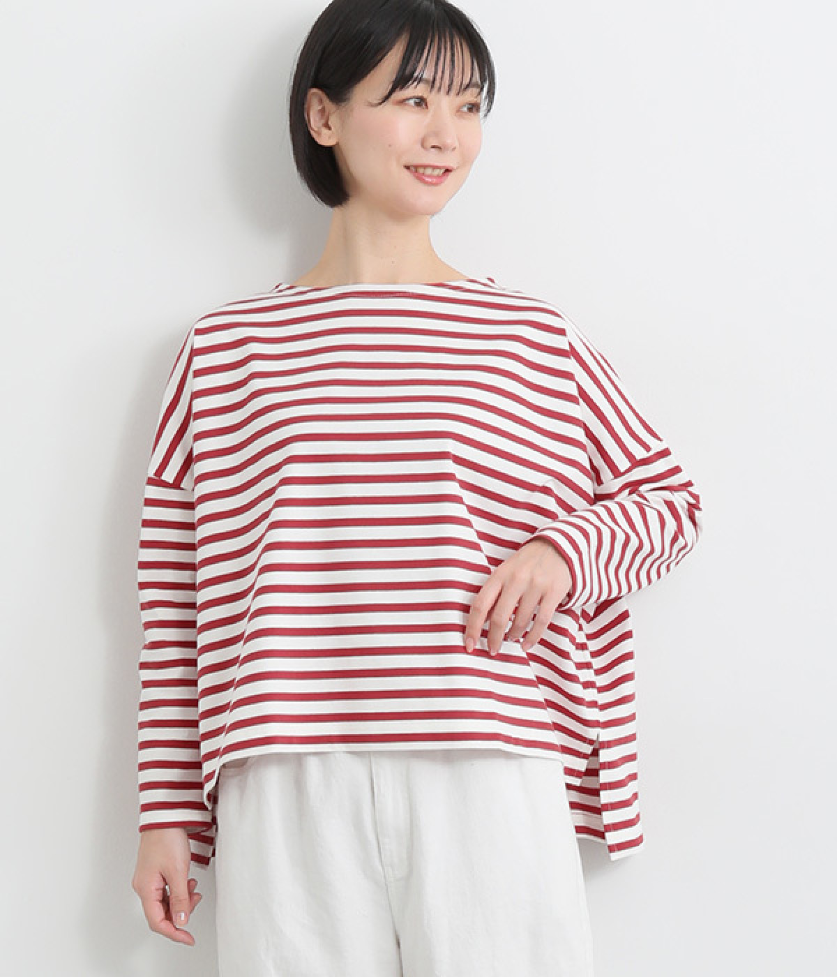 【A.U.G. relaxing】コットン天竺ボートNワイドTee(オフ×レッド-ONESIZE)