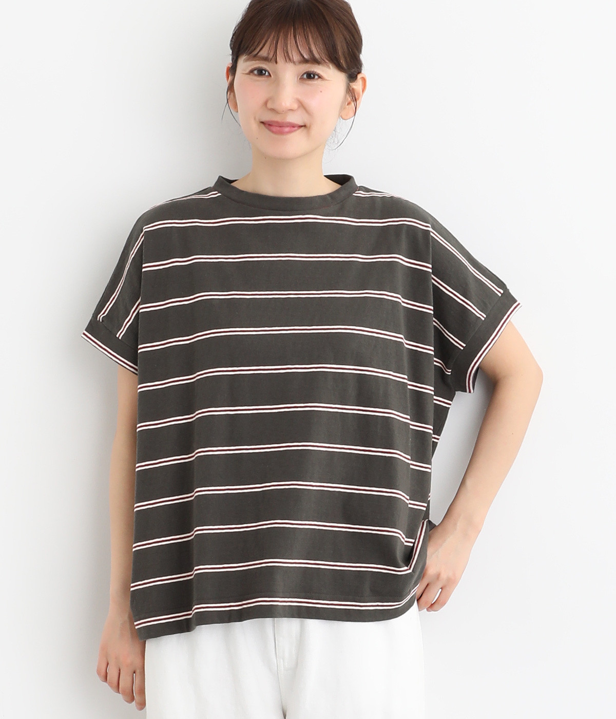 【A.U.G. relaxing】コットンビンテージボーダーワイドフレンチプルオーバー(ブラック-ONESIZE)