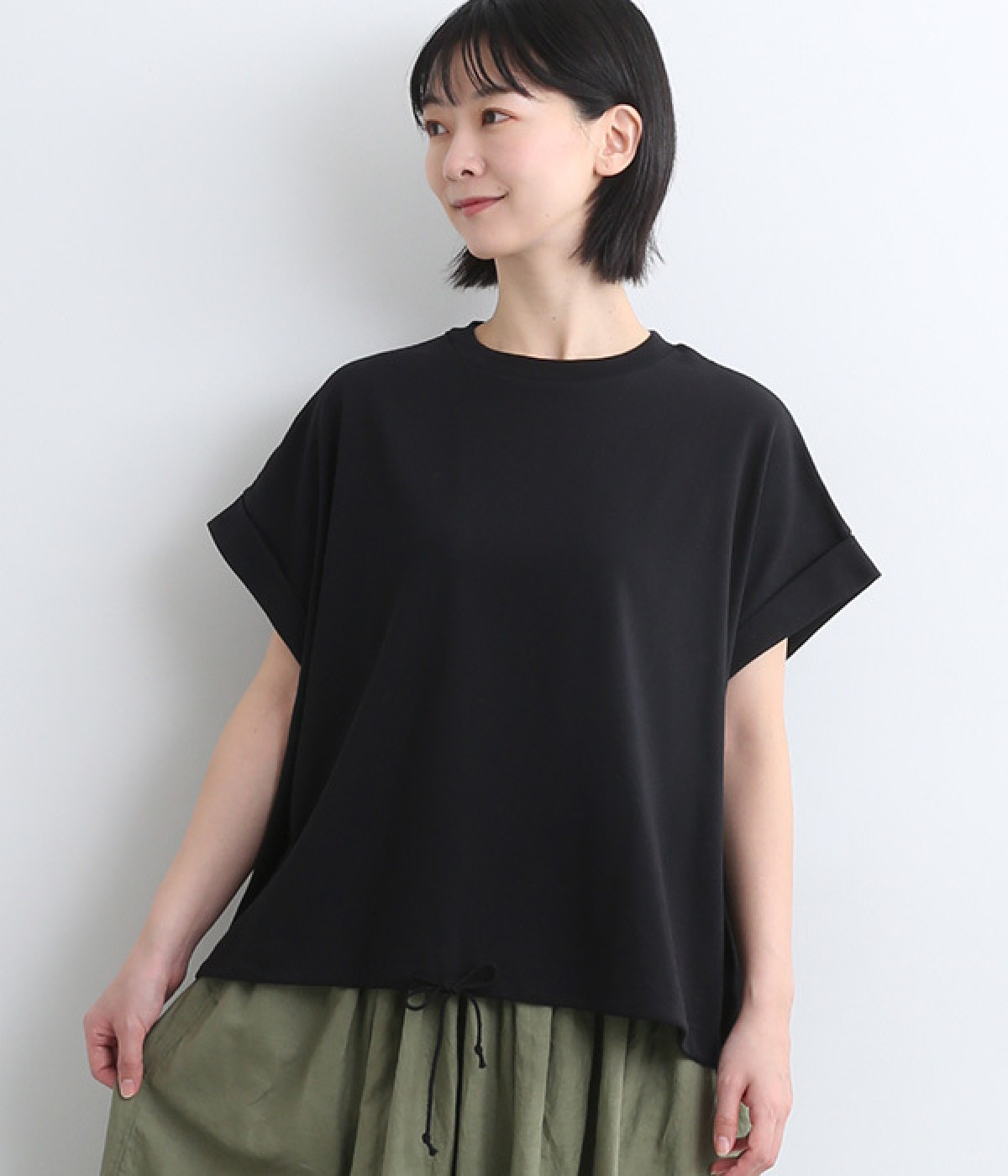 コットン天竺クロップドフレアTee(ブラック-ONESIZE)