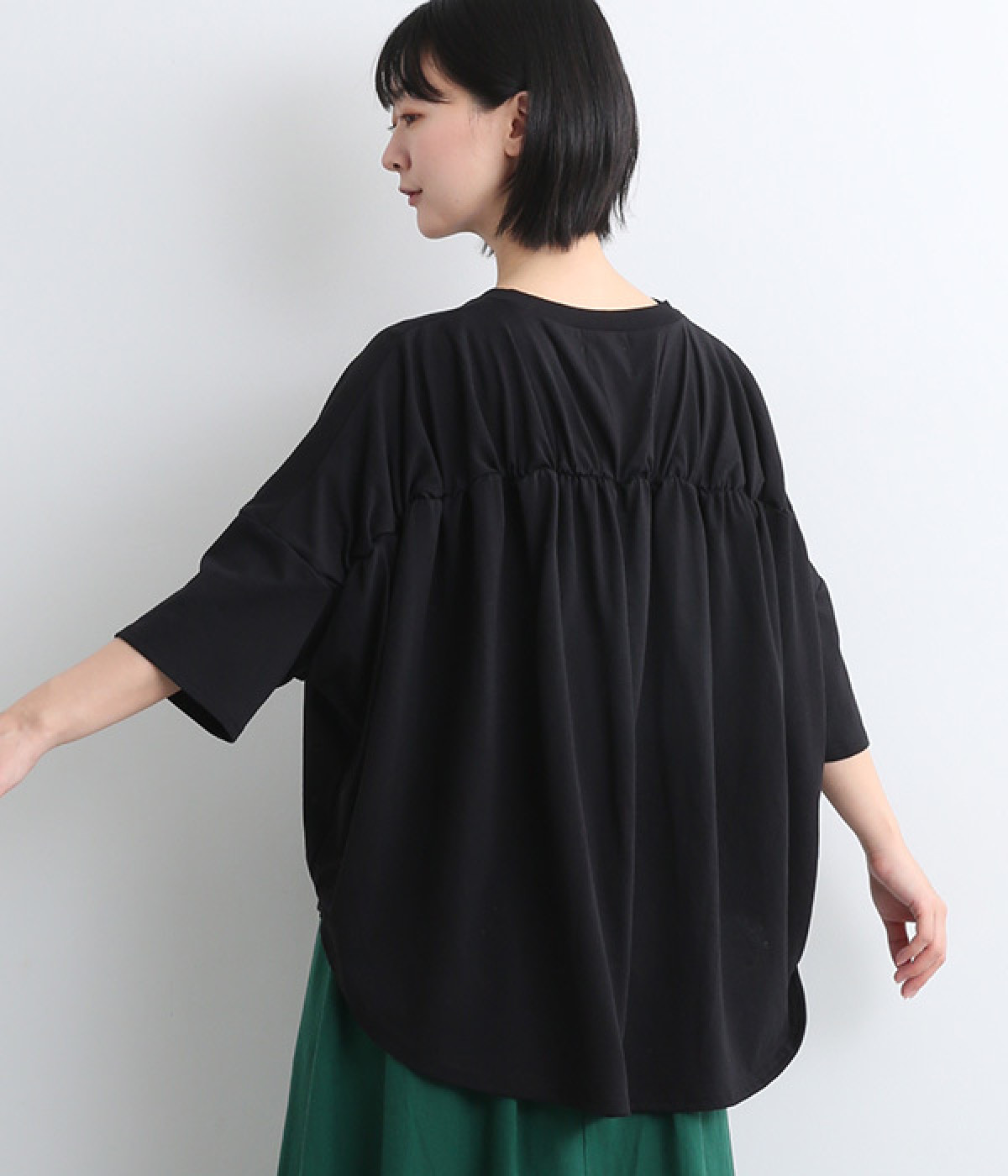 コットン天竺バックギャザーTee(ブラック-ONESIZE)
