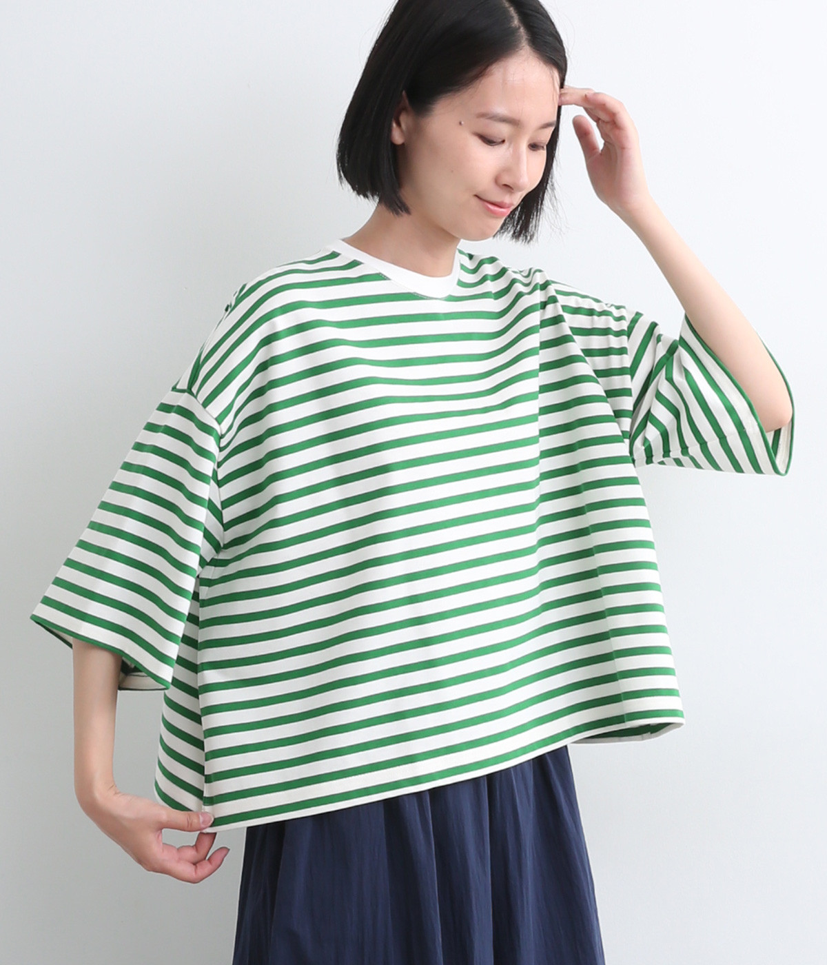 【A.U.G. relaxing】天竺　ワイドTee(オフホワイト×グリーン-ONESIZE)
