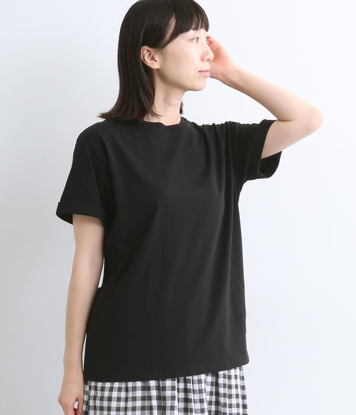コットン天竺袖ロールTee(ブラック-ONESIZE)
