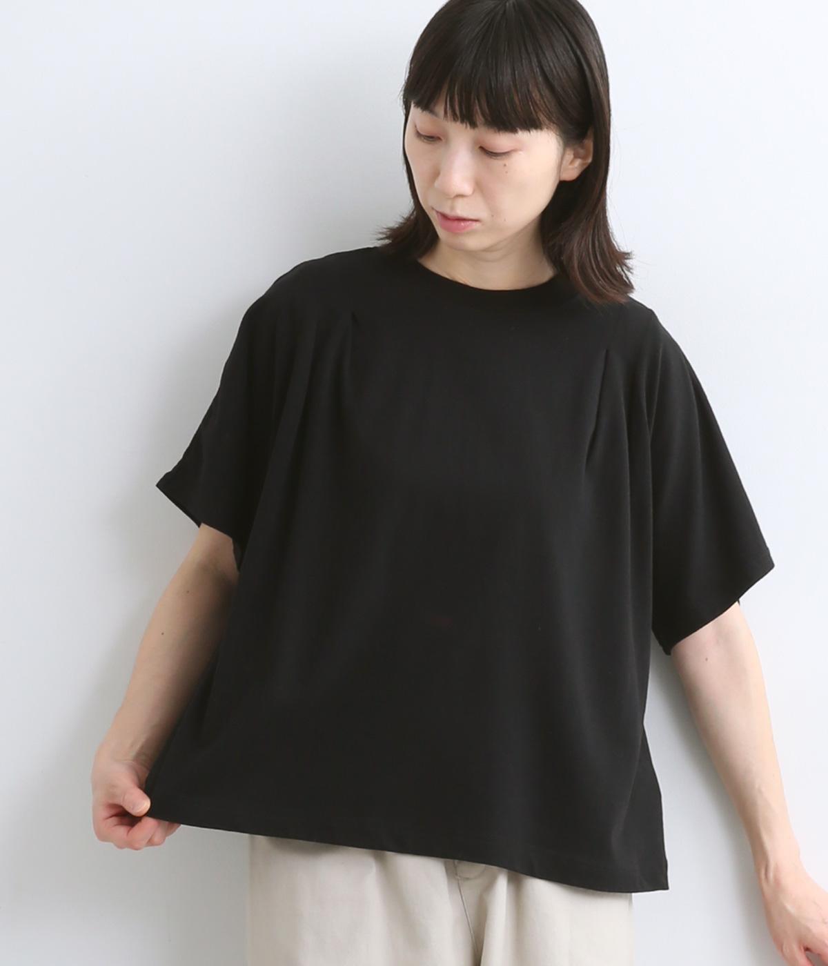 コットンリネン天竺タックデザインTee(ブラック-ONESIZE)