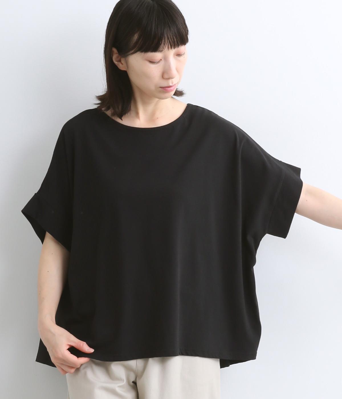 コットンリネン天竺切替えギャザーTee(ブラック-ONESIZE)