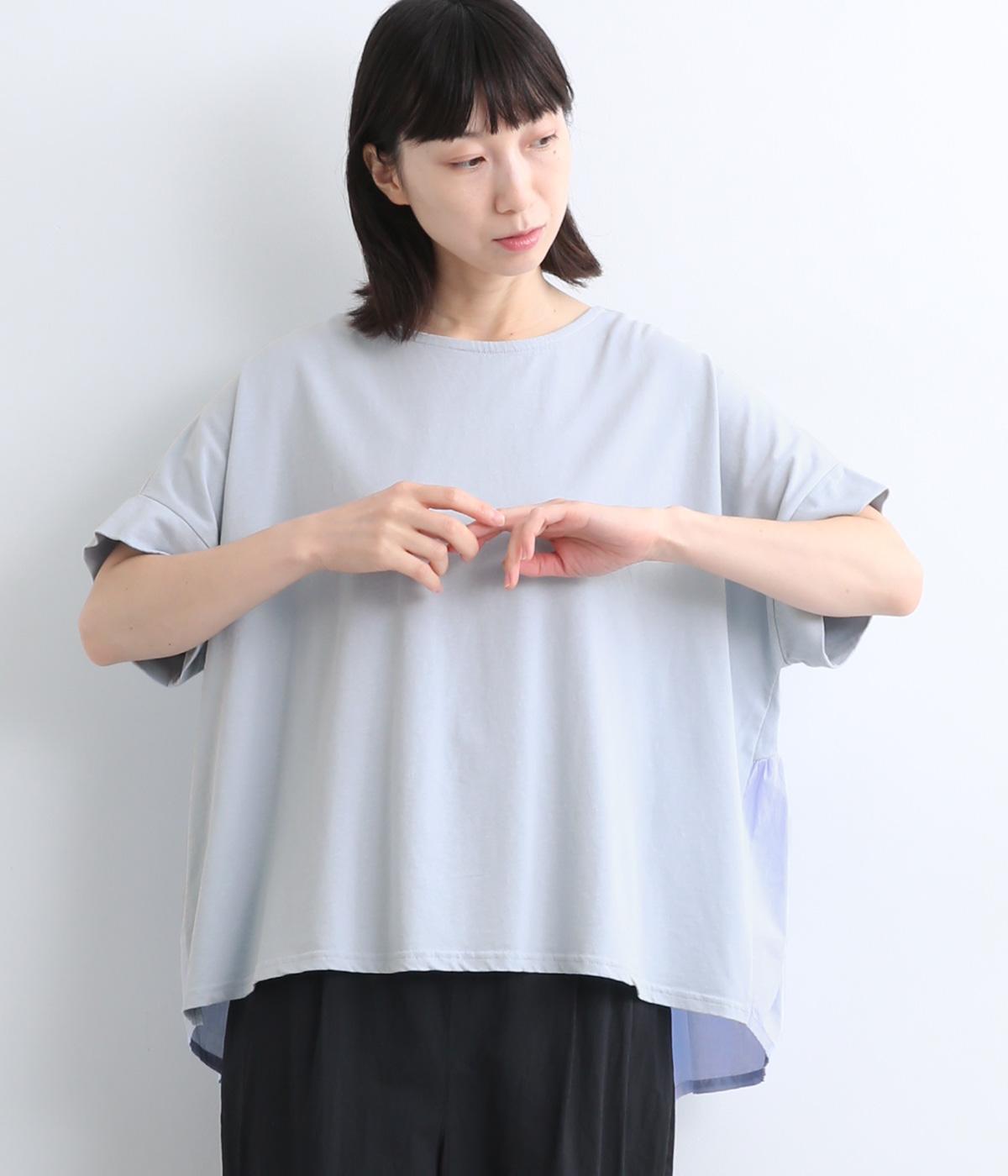 コットンリネン天竺切替えギャザーTee(ライトブルー-ONESIZE)