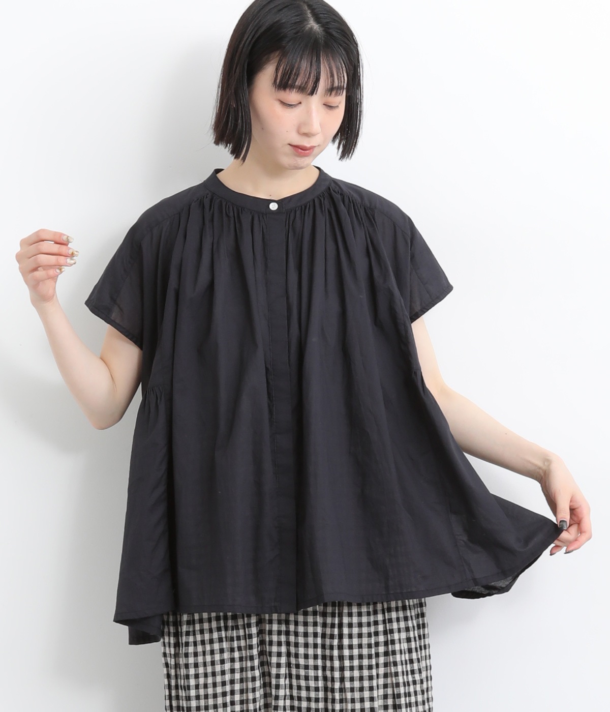 コットンシフォンギャザーフレンチブラウス(ブラック-ONESIZE)