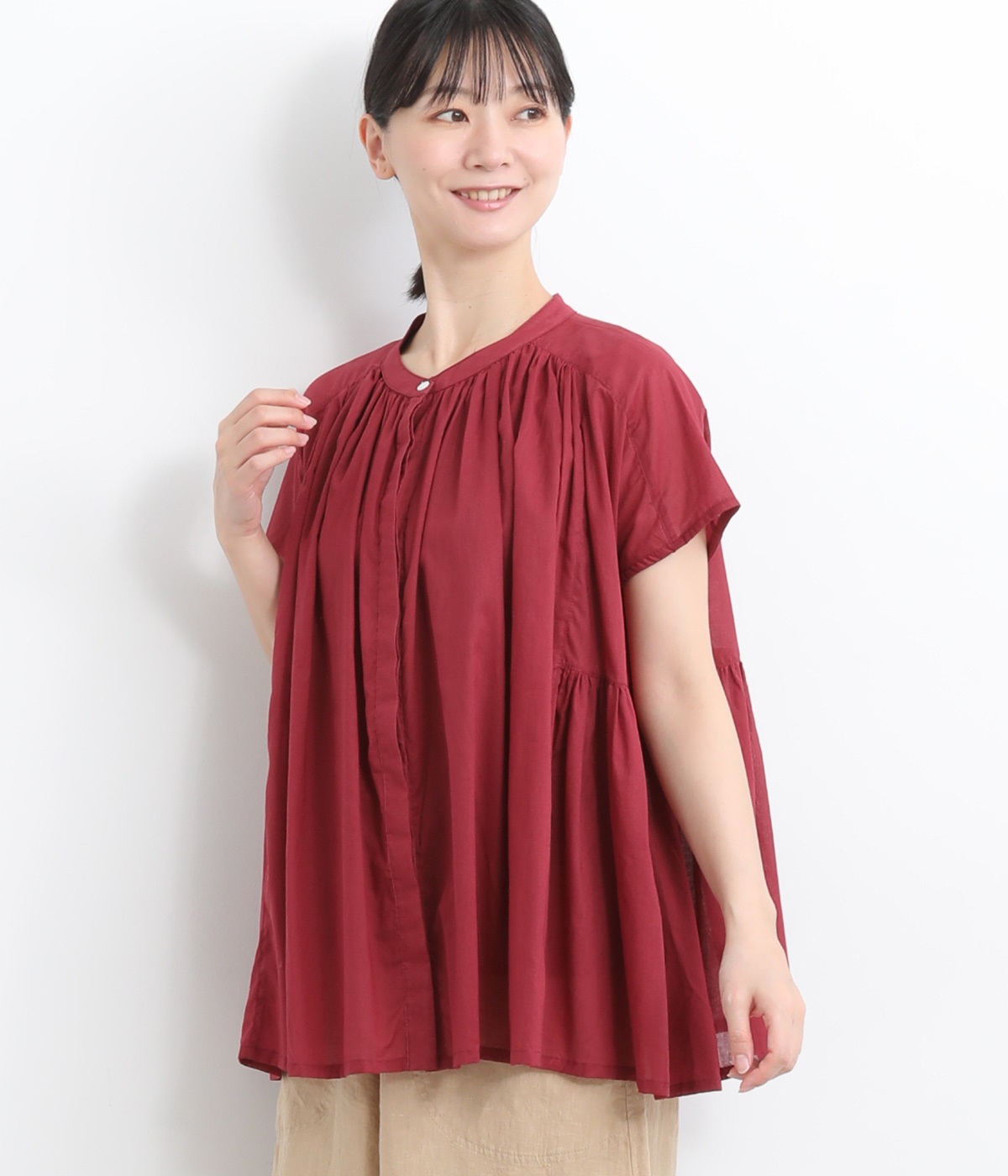 コットンシフォンギャザーフレンチブラウス(レッド-ONESIZE)