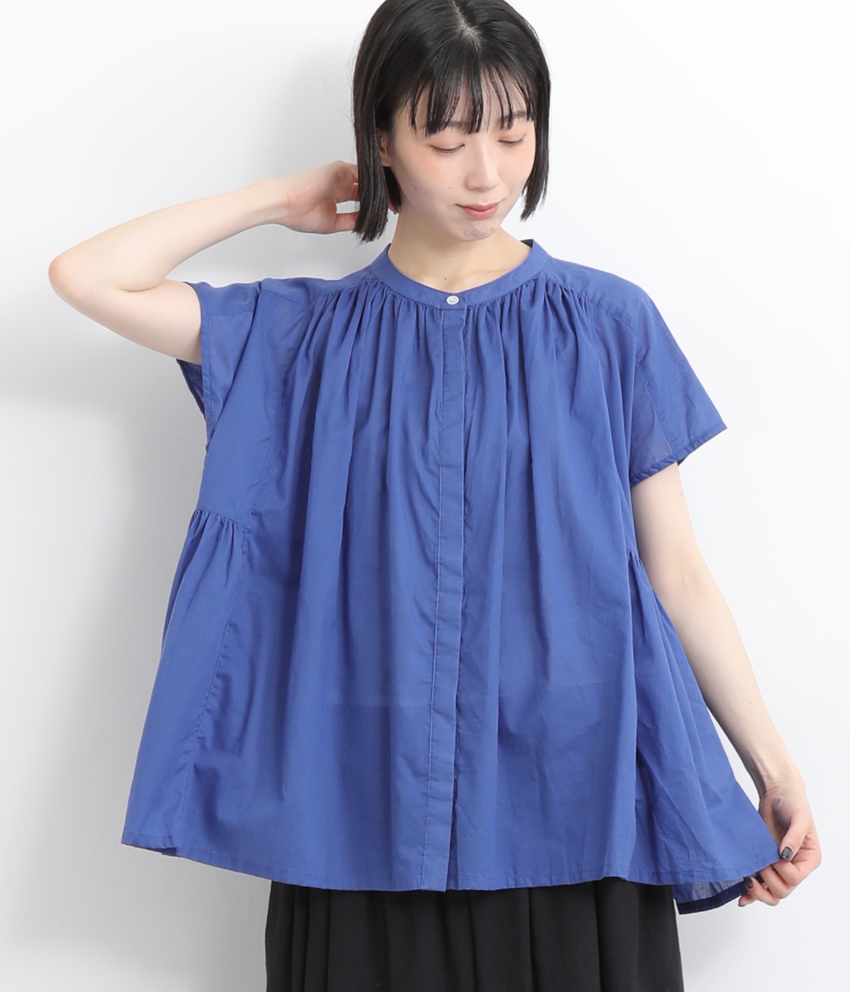 コットンシフォンギャザーフレンチブラウス(ブルー-ONESIZE)