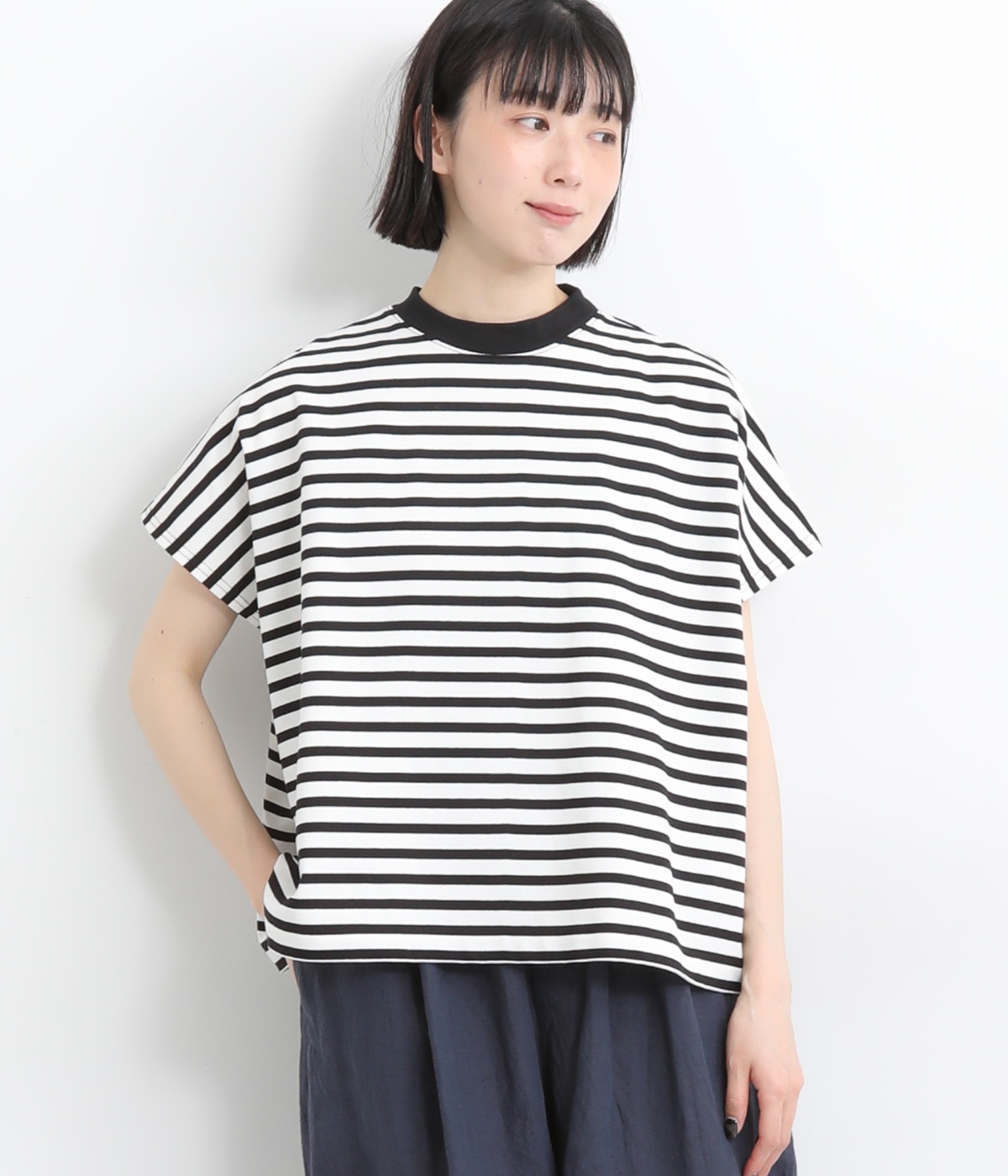 【A.U.G. relaxing】コットン天竺ワイドフレンチTee(オフ×ブラック-ONESIZE)
