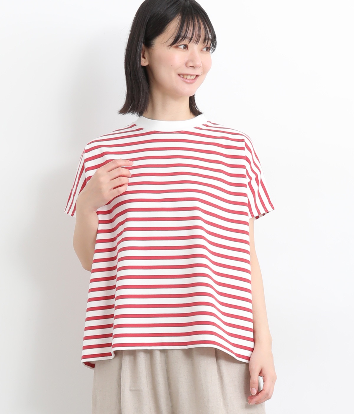 【A.U.G. relaxing】コットン天竺ワイドフレンチTee(オフ×レッド-ONESIZE)