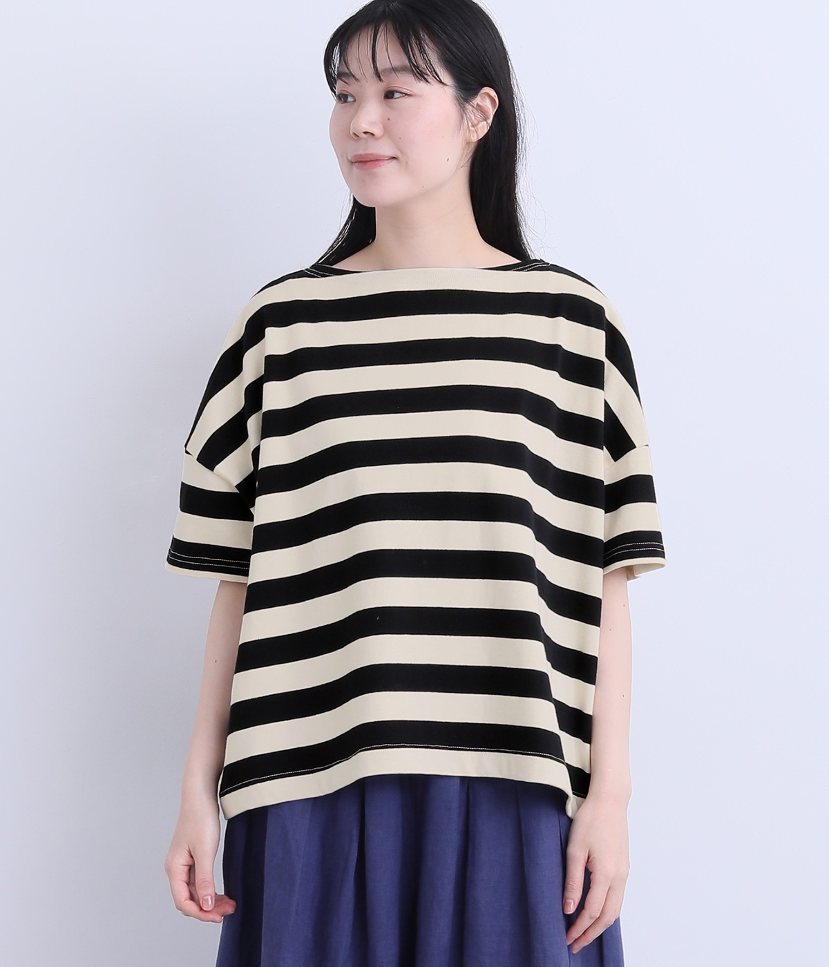 コットン太ボーダーボートネックワイドTee(オフ×ブラック-ONESIZE)