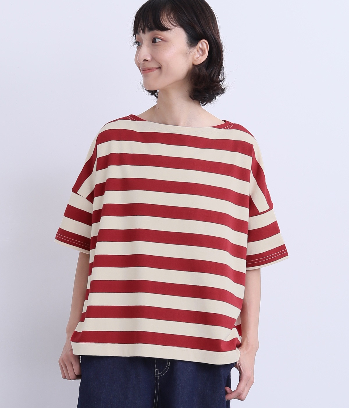 コットン太ボーダーボートネックワイドTee(オフ×レッド-ONESIZE)