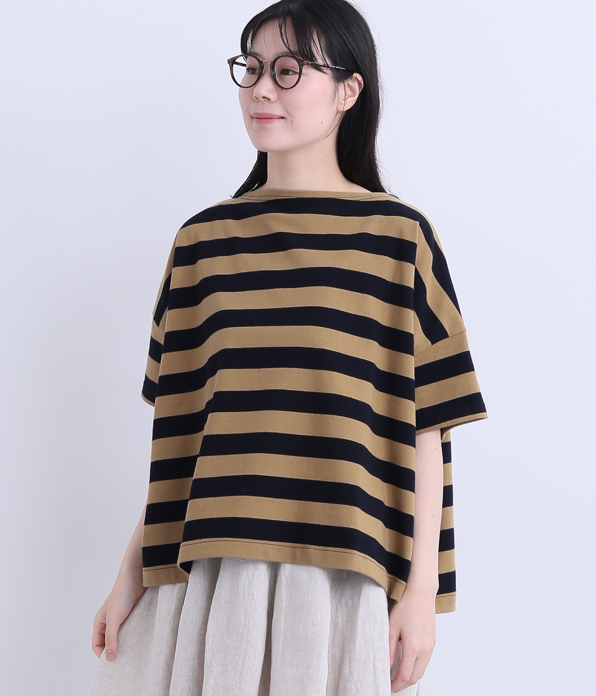 コットン太ボーダーボートネックワイドTee(ブラウン×ネイビー-ONESIZE)