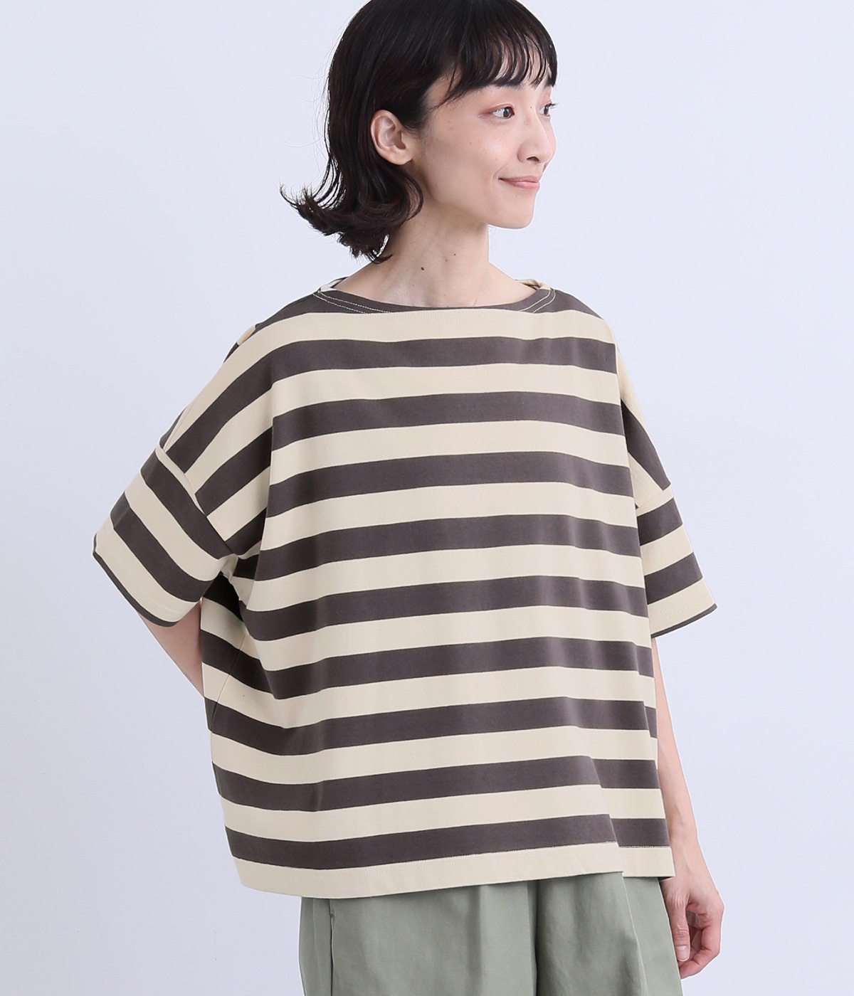コットン太ボーダーボートネックワイドTee(オフ×チャコール-ONESIZE)