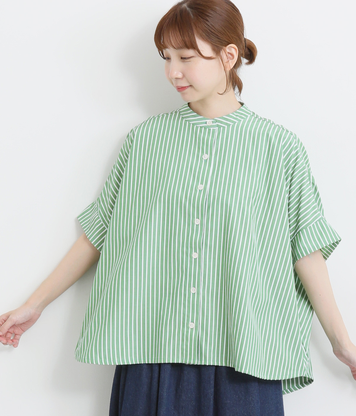 ストライプバックギャザーブラウス(グリーン-ONESIZE)