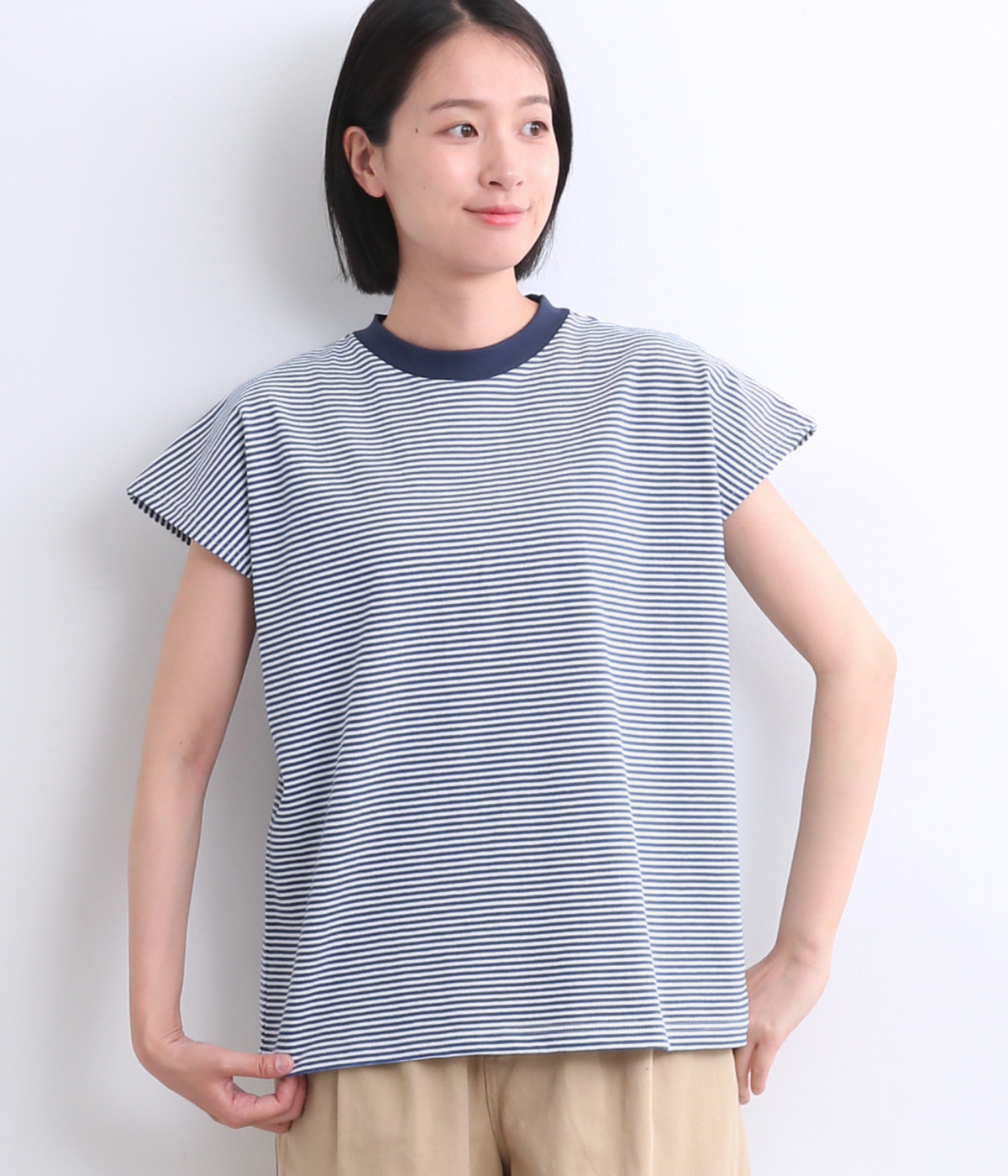 【A.U.G. relaxing】コットンアメリカンヴィンテージミジンボーダーフレンチTee(オフ×ブルー-ONESIZE)
