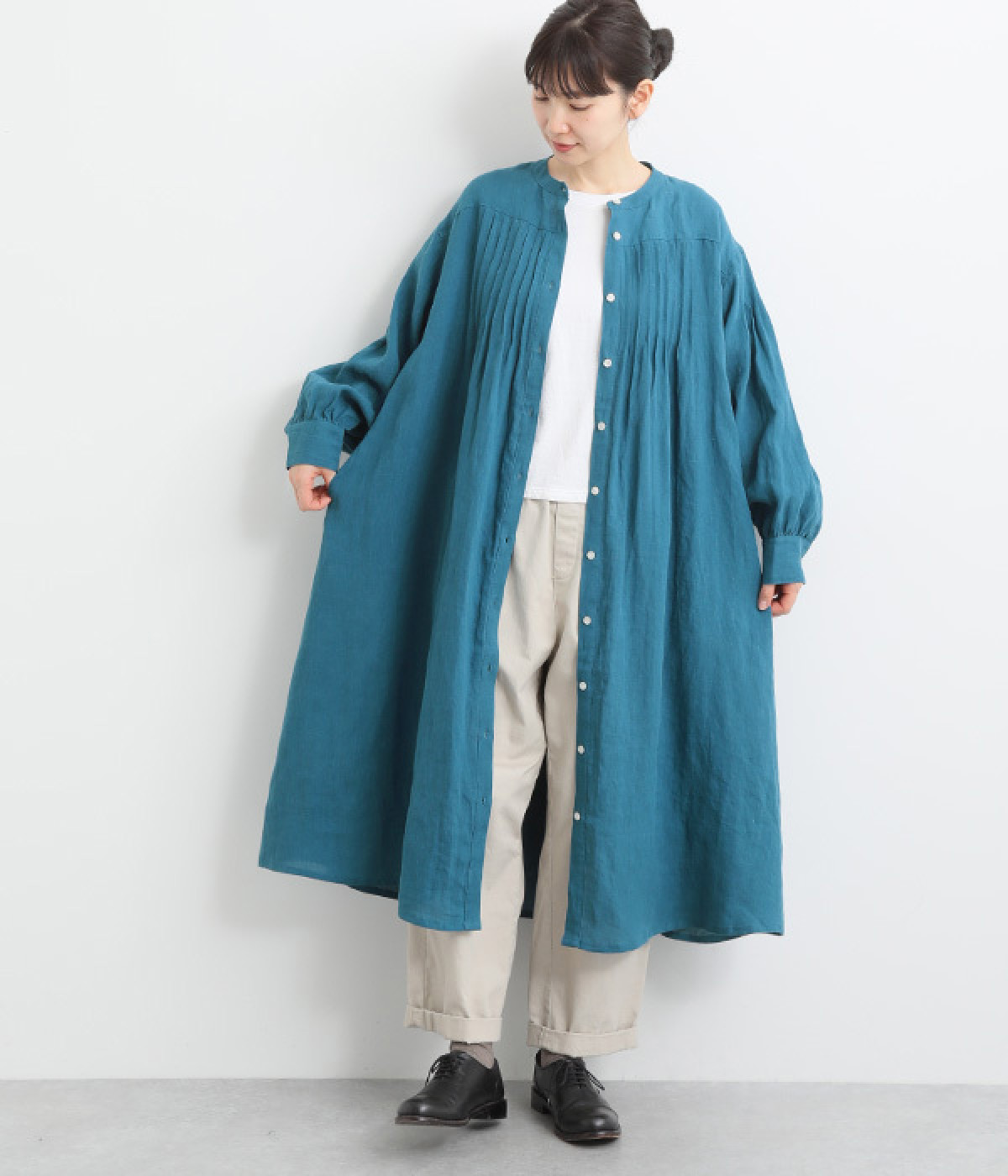 リネンノーカラーピンタックワンピース(ブルー-ONESIZE)