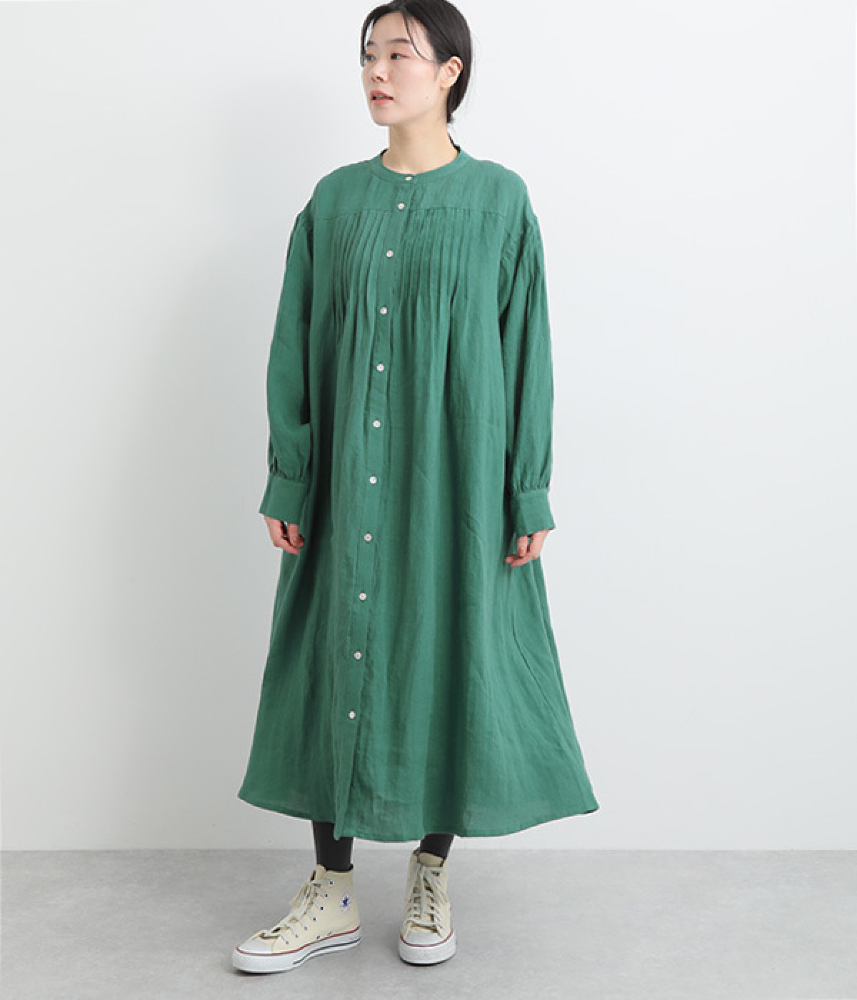 リネンノーカラーピンタックワンピース(ブルーグリーン-ONESIZE)