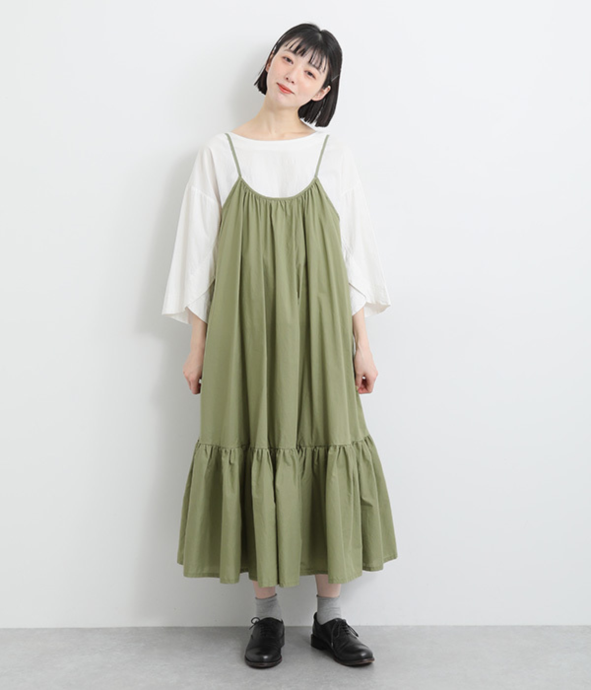 コットンエアリーローン切り替えキャミワンピース(ライトカーキ-ONESIZE)