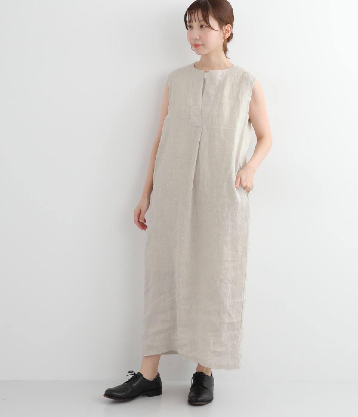 リネンキーネックノースリーブワンピース(エクリュ-ONESIZE)