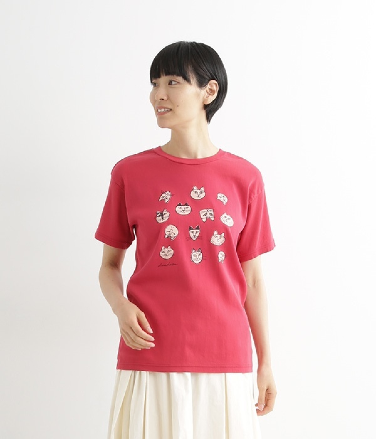 LISA　LARSONコラボ　ねこのかおプリントTシャツ(レッド-ONESIZE)