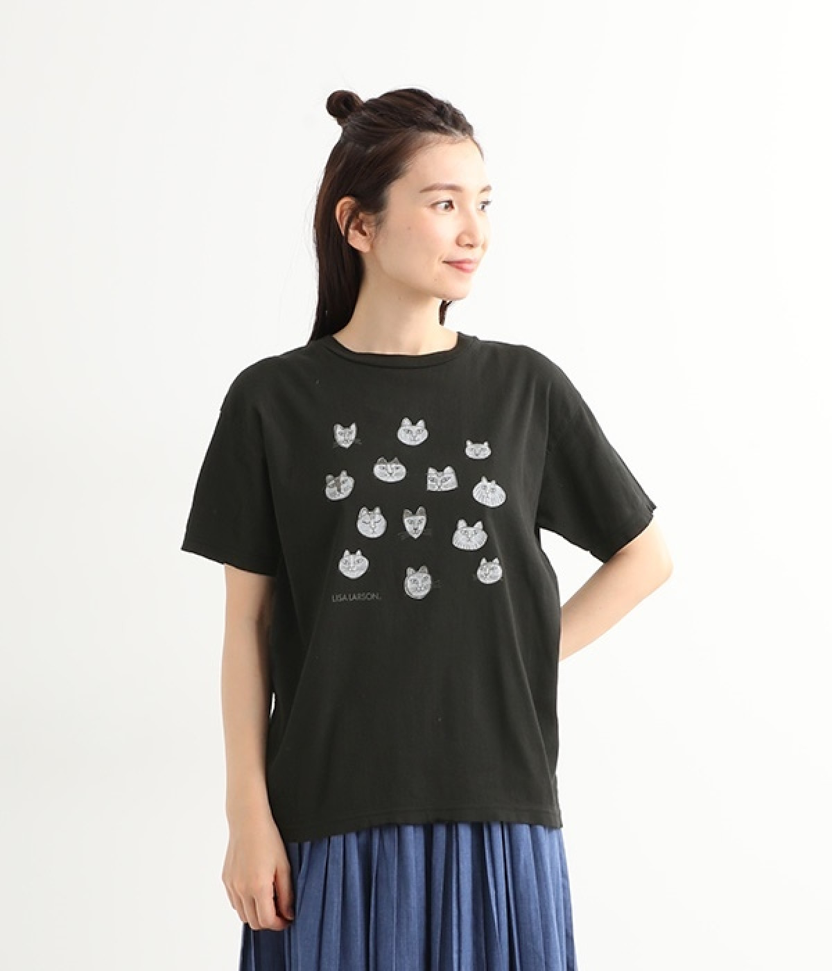 LISA　LARSONコラボ　ねこのかおプリントTシャツ(ブラック-ONESIZE)