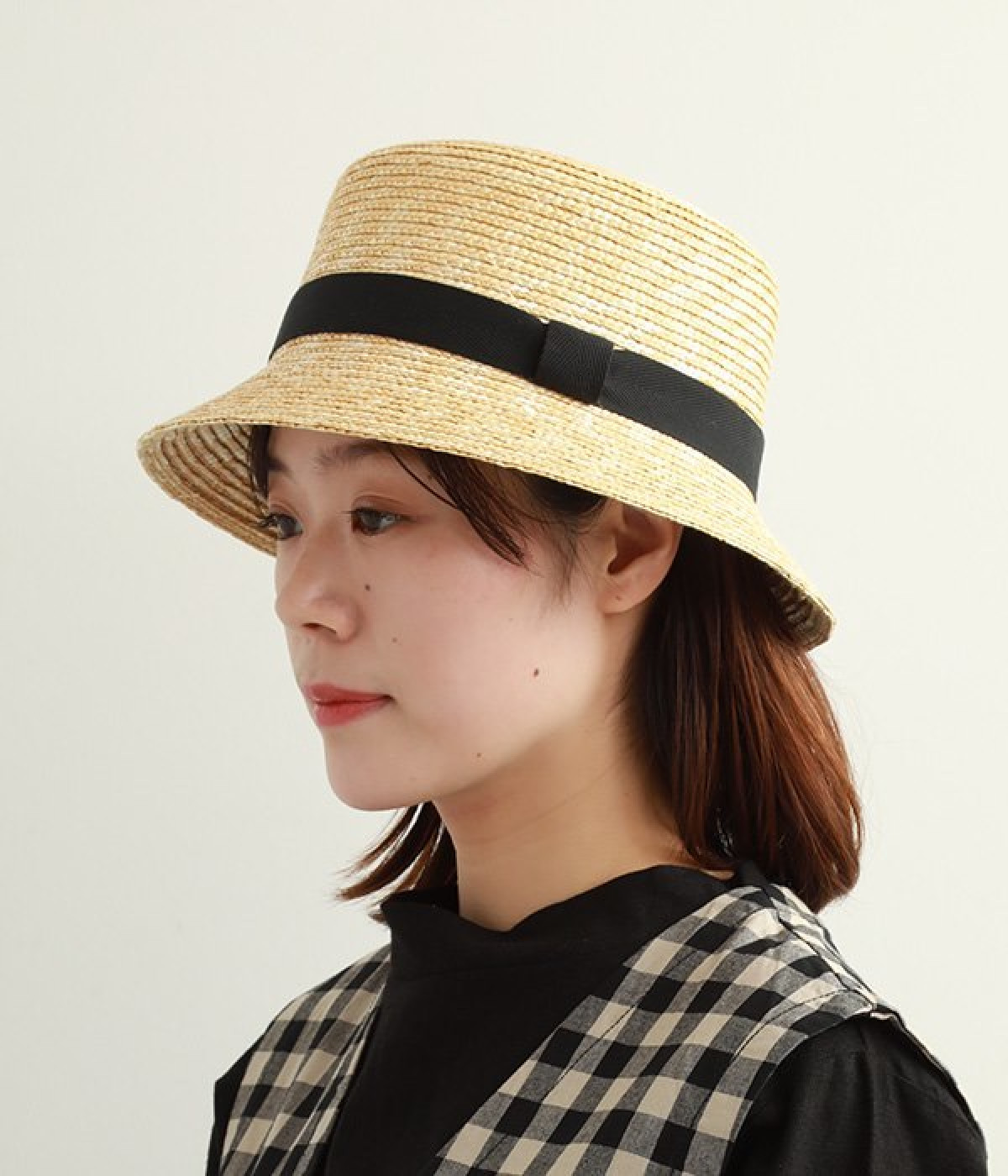 Bucket　麦わらバケットハット(ナチュラル×ブラックリボン-ONESIZE)
