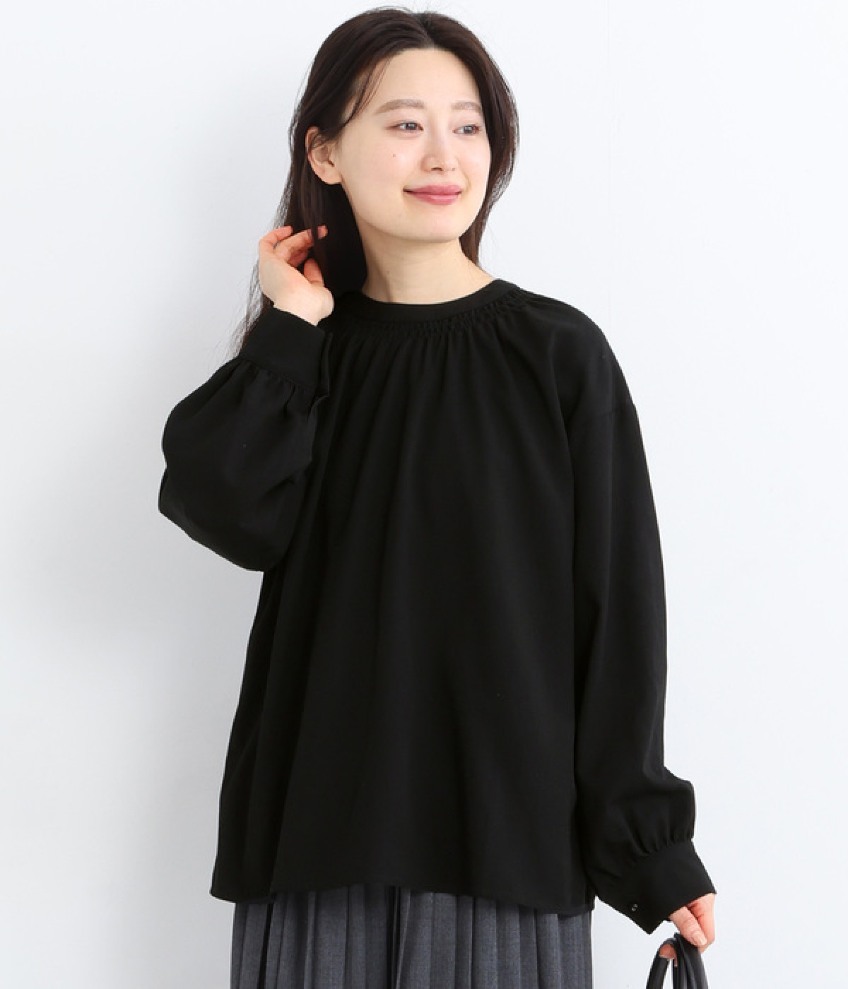 コットンレーヨン 2wayギャザーブラウス(ブラック-ONESIZE)