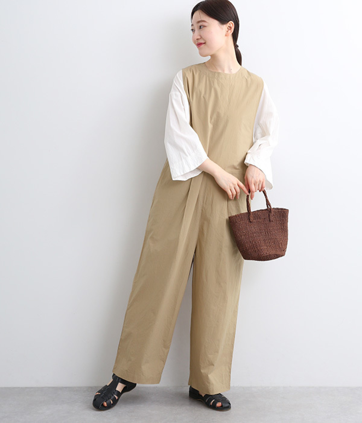 コットンタイプライター　ノースリーブサロペット(ベージュ-ONESIZE)