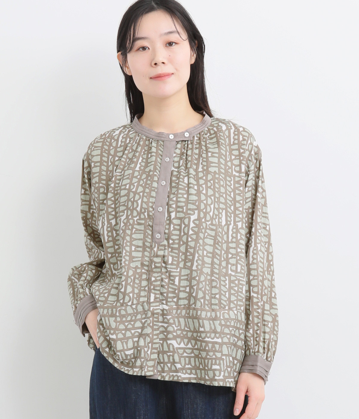 コットンリプルプリントペザントブラウス(ミントグリーン-ONESIZE)