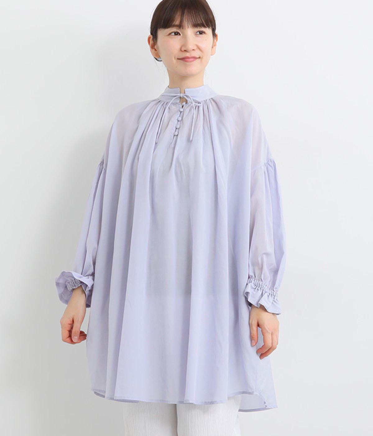 シルクタッチギャザーボリュームチュニックブラウス(サックスブルー-ONESIZE)
