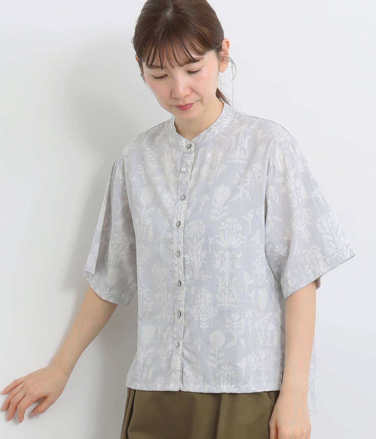 コードコットンフラワープリント 半袖ワイドシャツ(ライトグレー-ONESIZE)