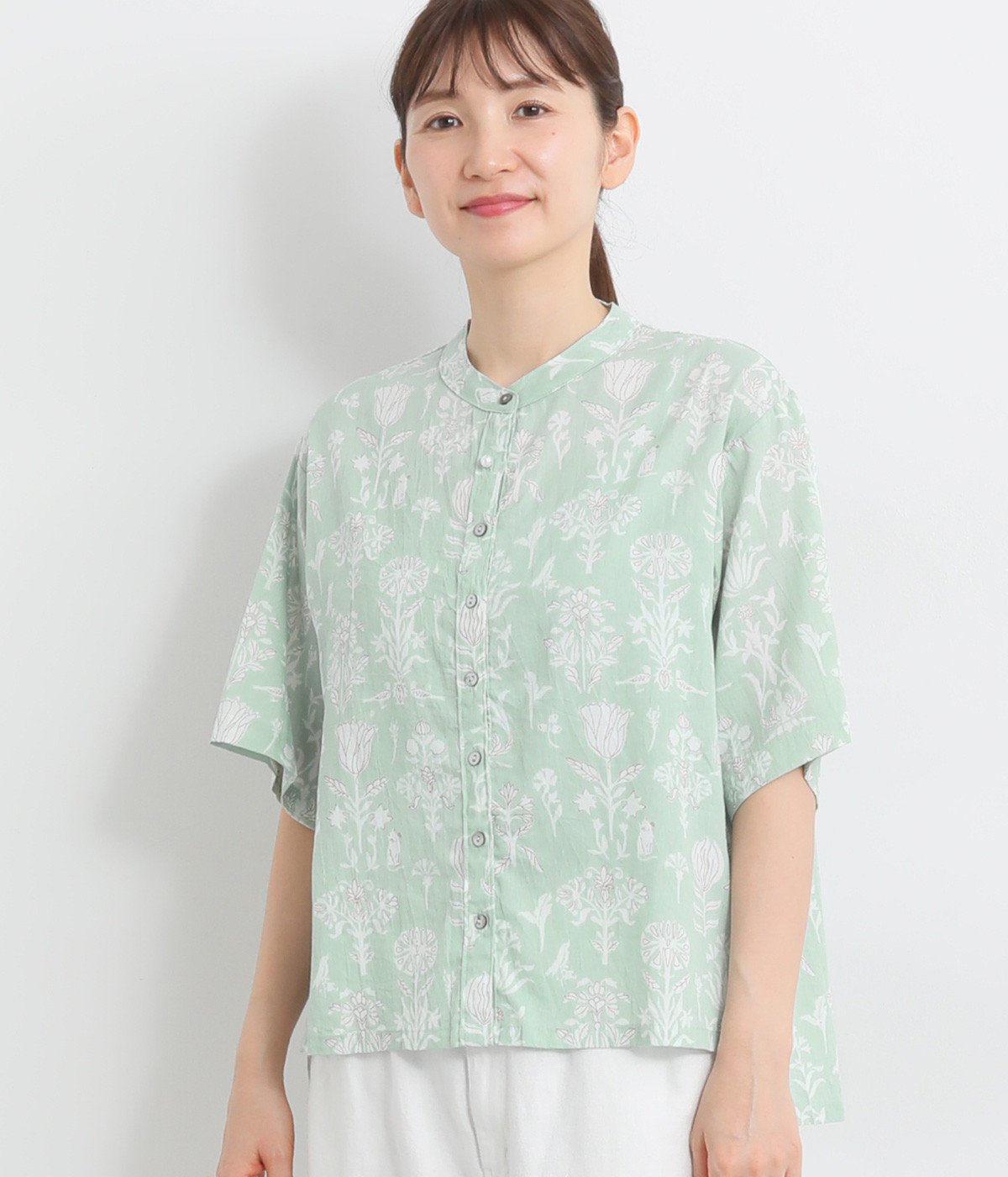 コードコットンフラワープリント 半袖ワイドシャツ(スモークグリーン-ONESIZE)