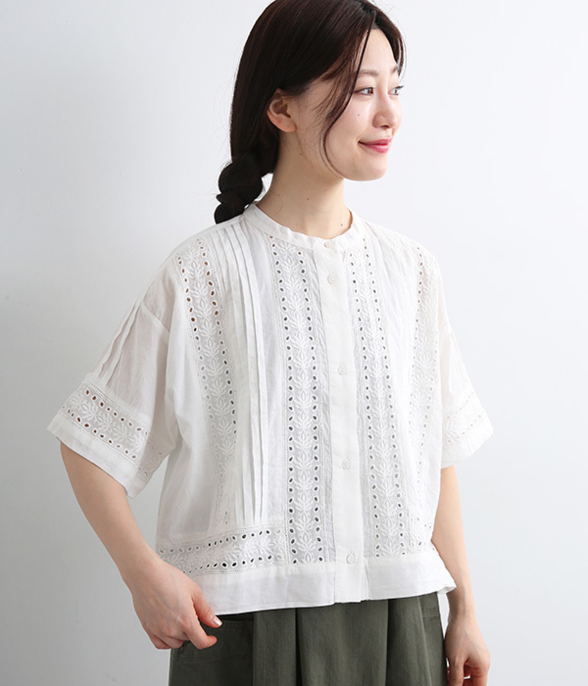 キャンブリック×コットンレース　ハーフスリーブバンドカラーシャツ(オフホワイト-ONESIZE)