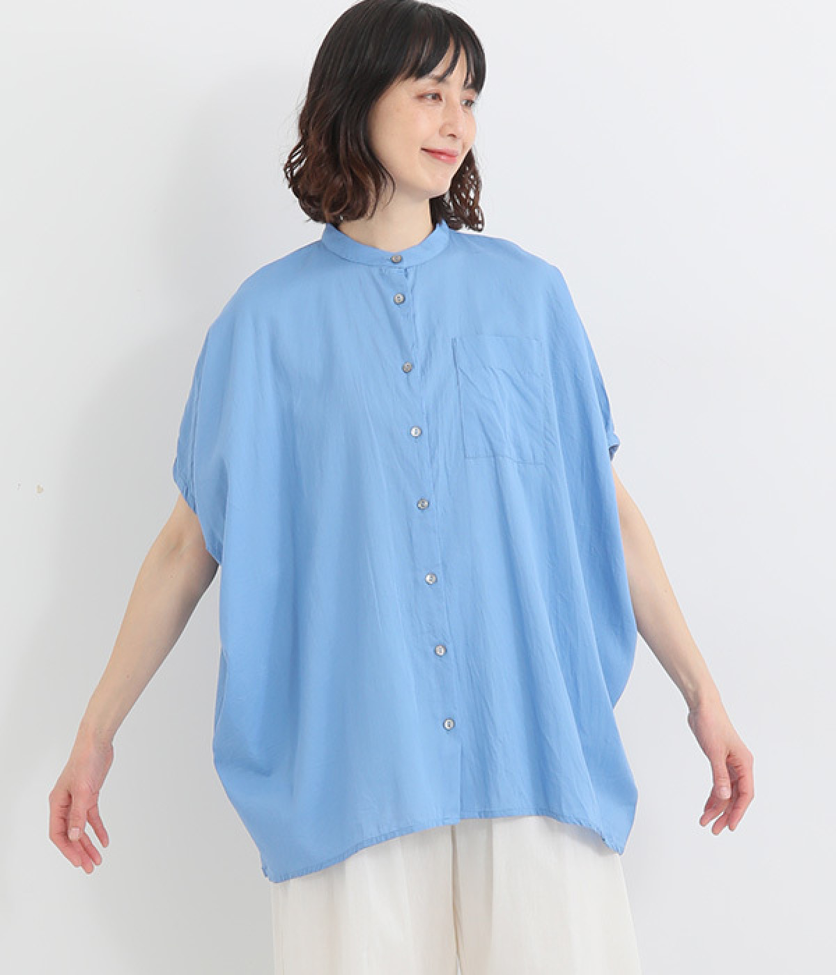 コードコットン　コクーンスリーブワイドロングシャツ(スカイブルー-ONESIZE)