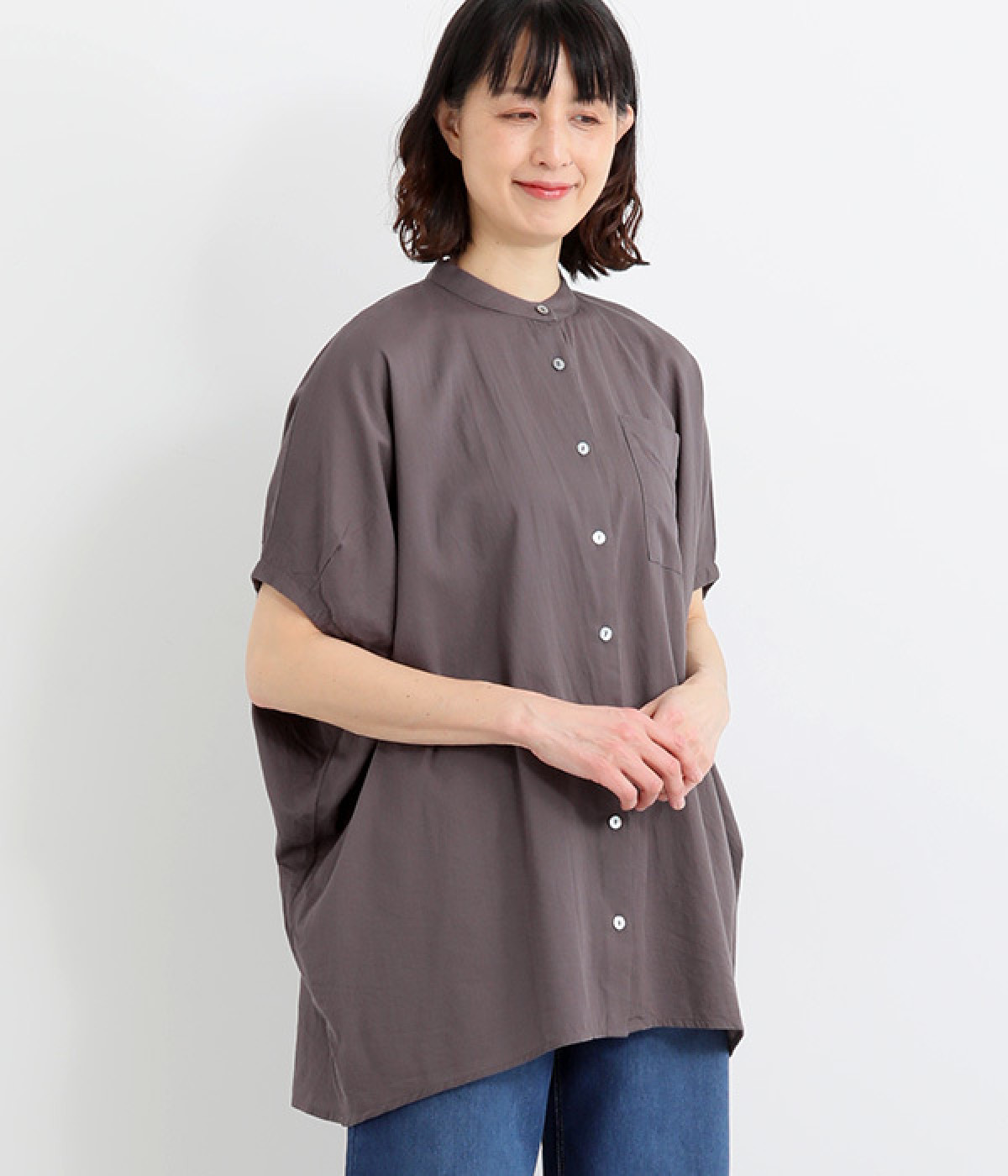 コードコットン　コクーンスリーブワイドロングシャツ(チャコールグレー-ONESIZE)