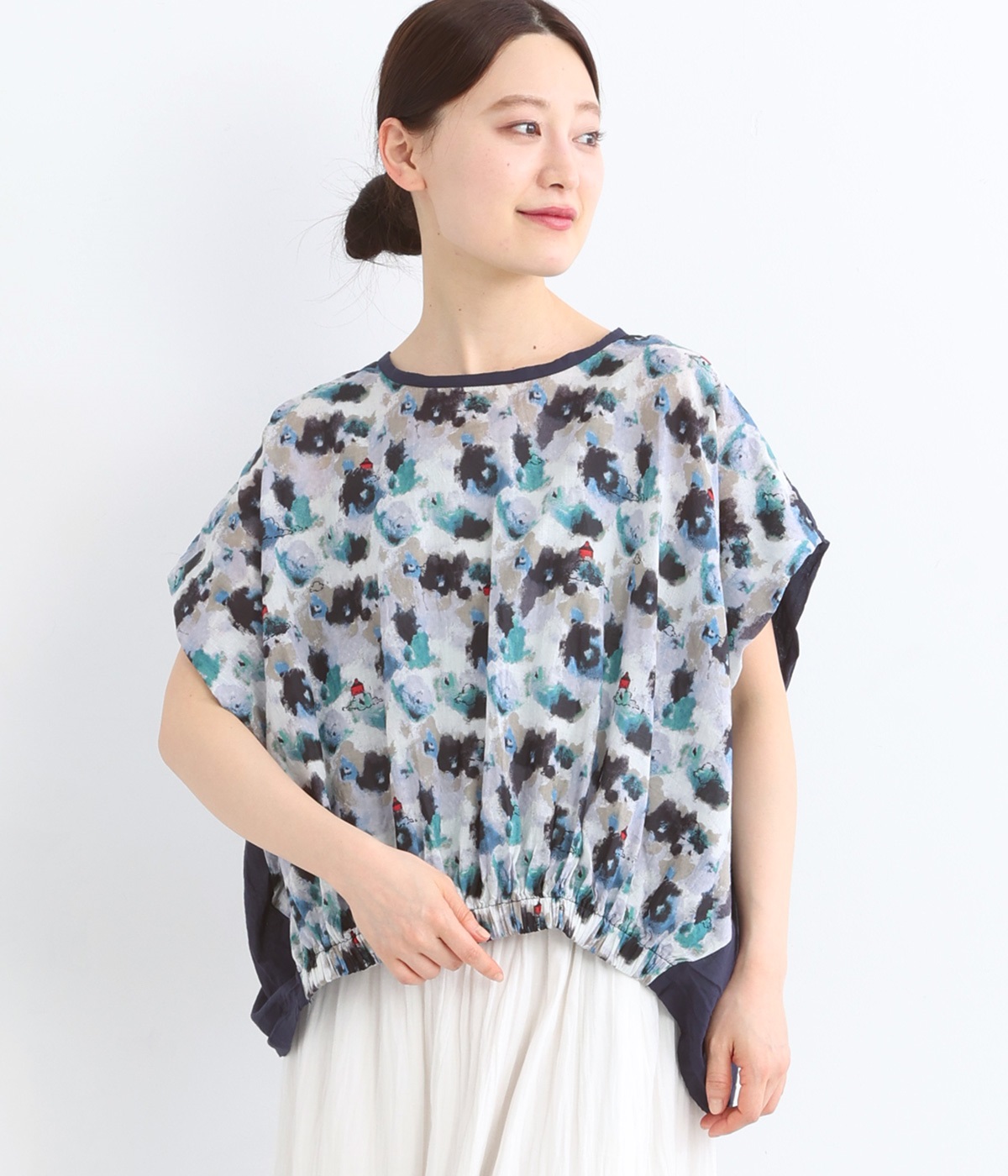 LightVoile kumoプリント前裾ギャザー変形プルオーバー(ブルー-ONESIZE)