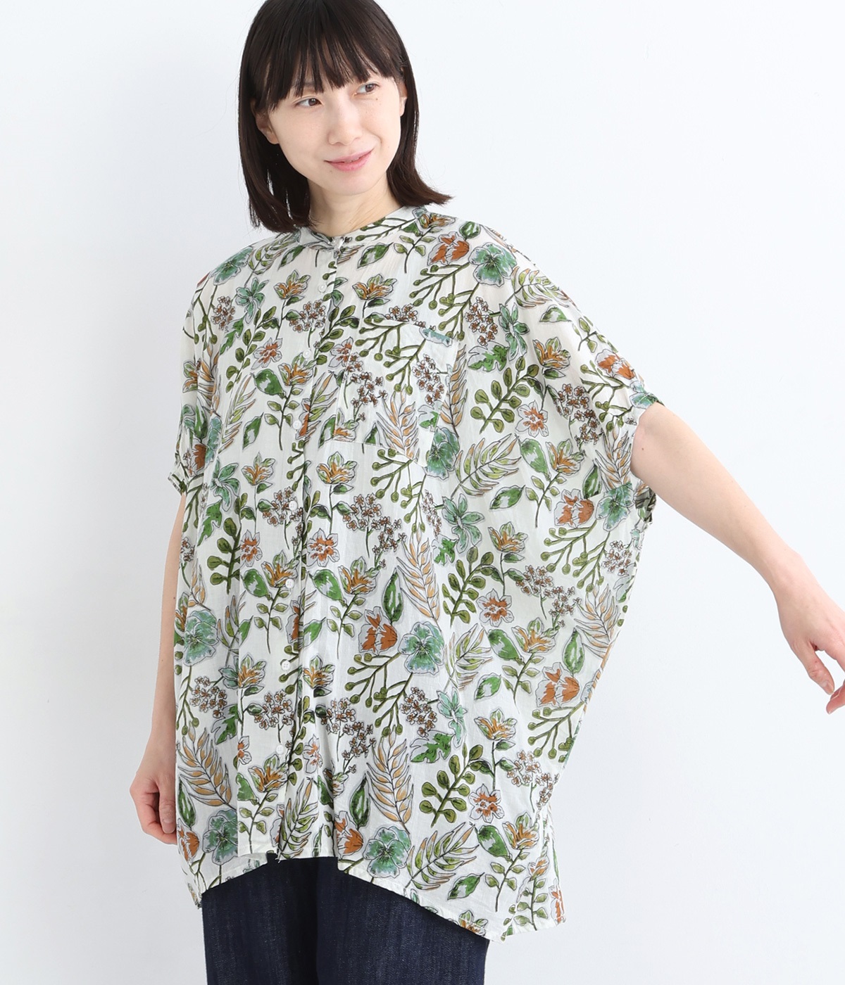 ライトボイル野の花プリントコクーンスリーブワイドロングシャツ(オフホワイト-ONESIZE)