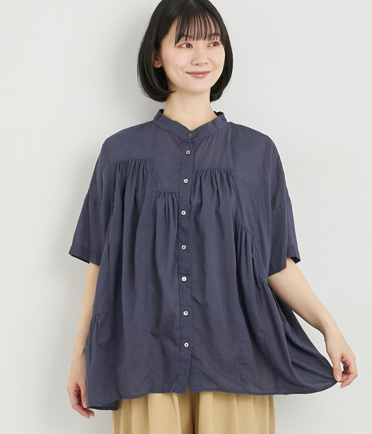 LightVoileギャザー切替2wayブラウス(ネイビー-ONESIZE)