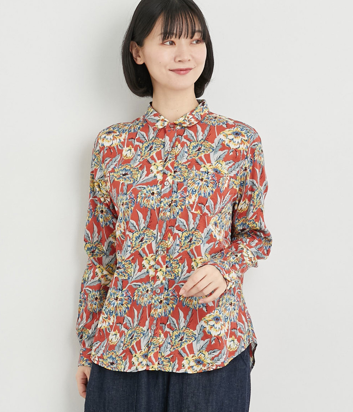 CottonVoil花柄プリントレギュラーシャツ(コーラル-ONESIZE)