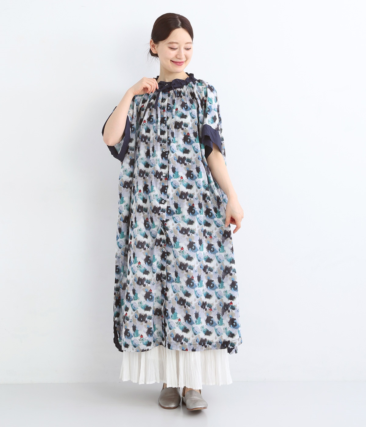 LightVoile kumoプリントスタンド前開きワンピース(ブルー-ONESIZE)