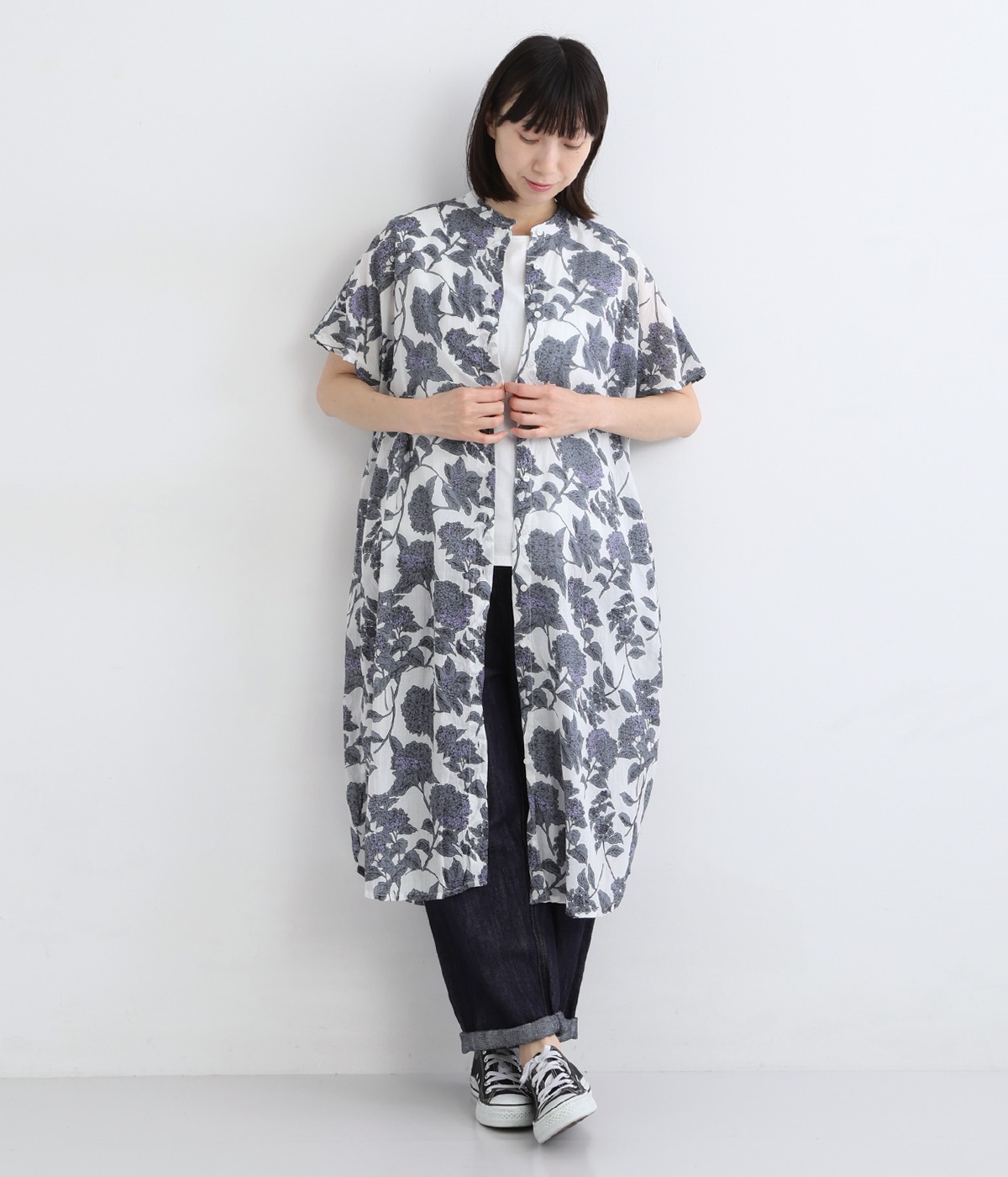 ライトボイルあじさいプリント前開きドロップスリーブワンピース(オフホワイト-ONESIZE)