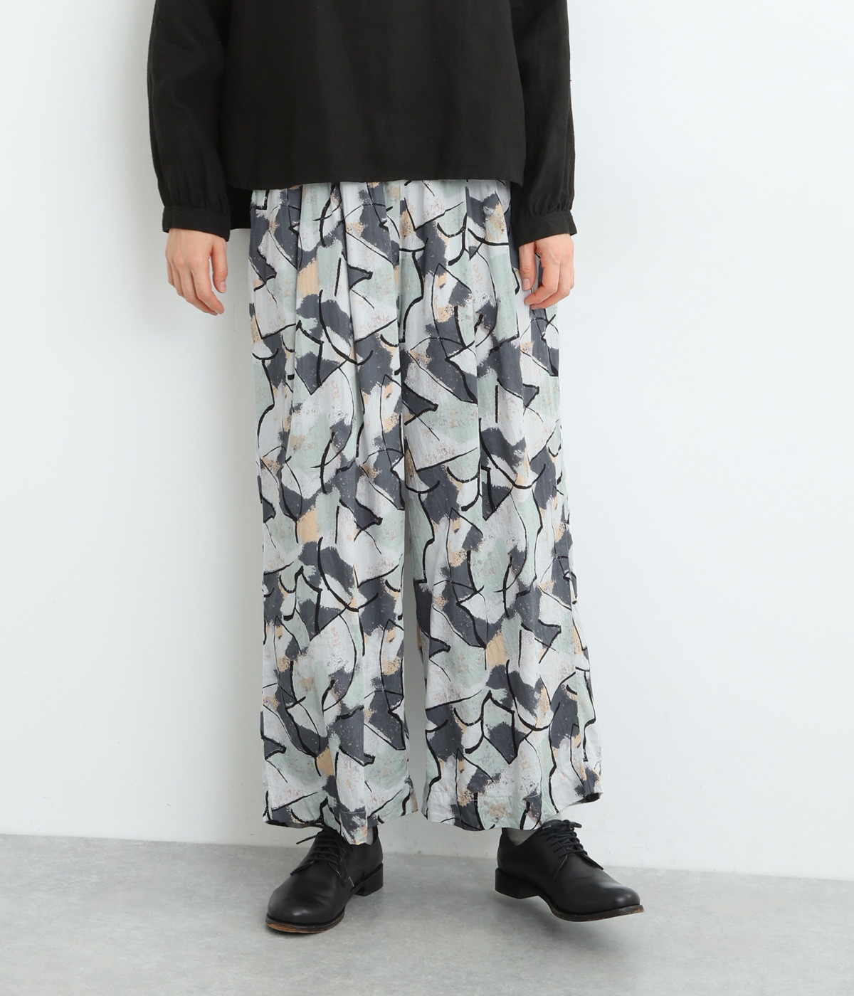 コットンアートペイントプリントワイドストレートパンツ(スモークグリーン-ONESIZE)
