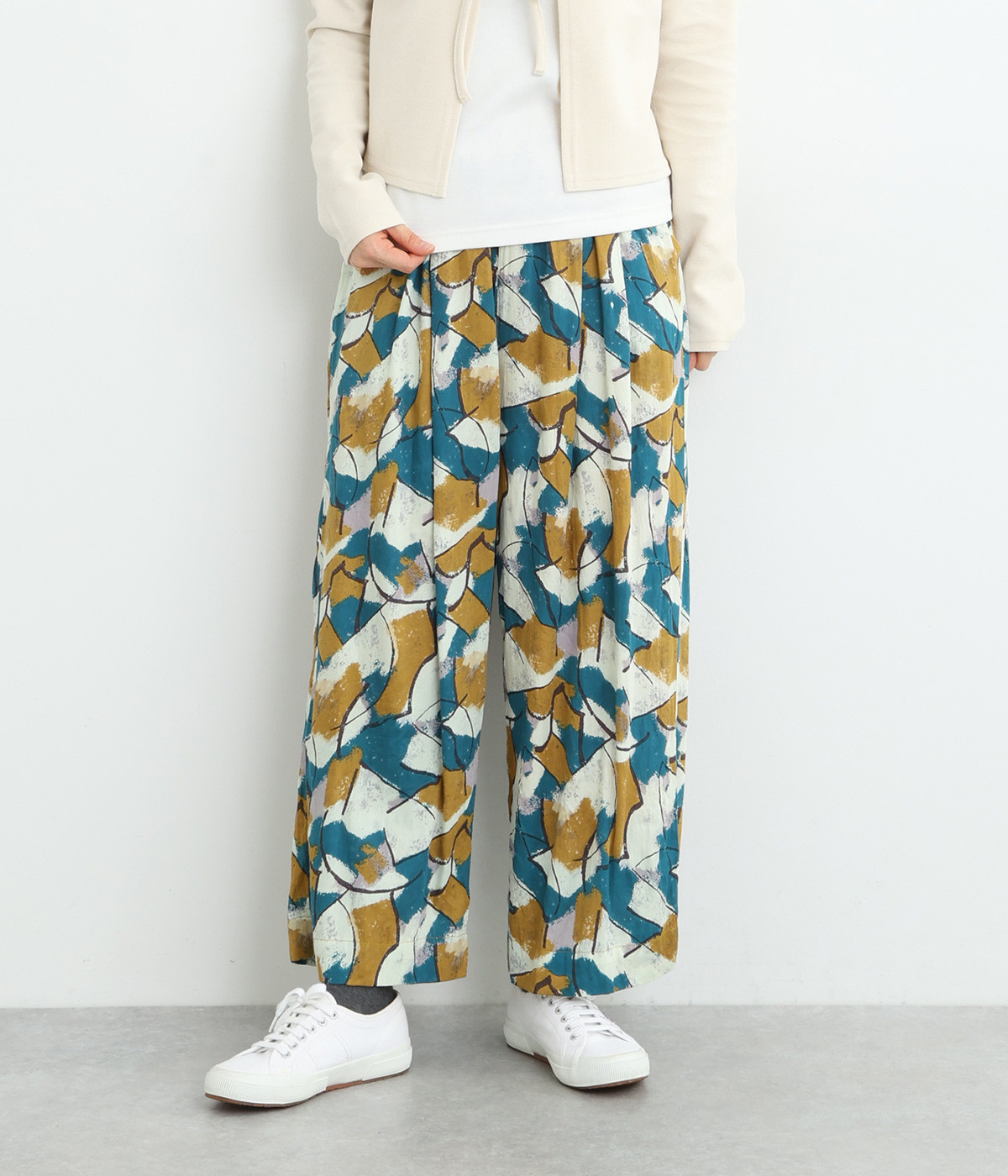 コットンアートペイントプリントワイドストレートパンツ(マスタード-ONESIZE)