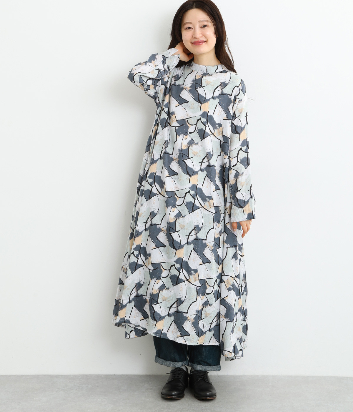 コットンアートペイントプリントフレアワンピース(スモークグリーン-ONESIZE)