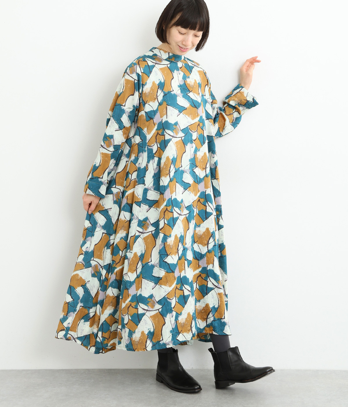 コットンアートペイントプリントフレアワンピース(マスタード-ONESIZE)