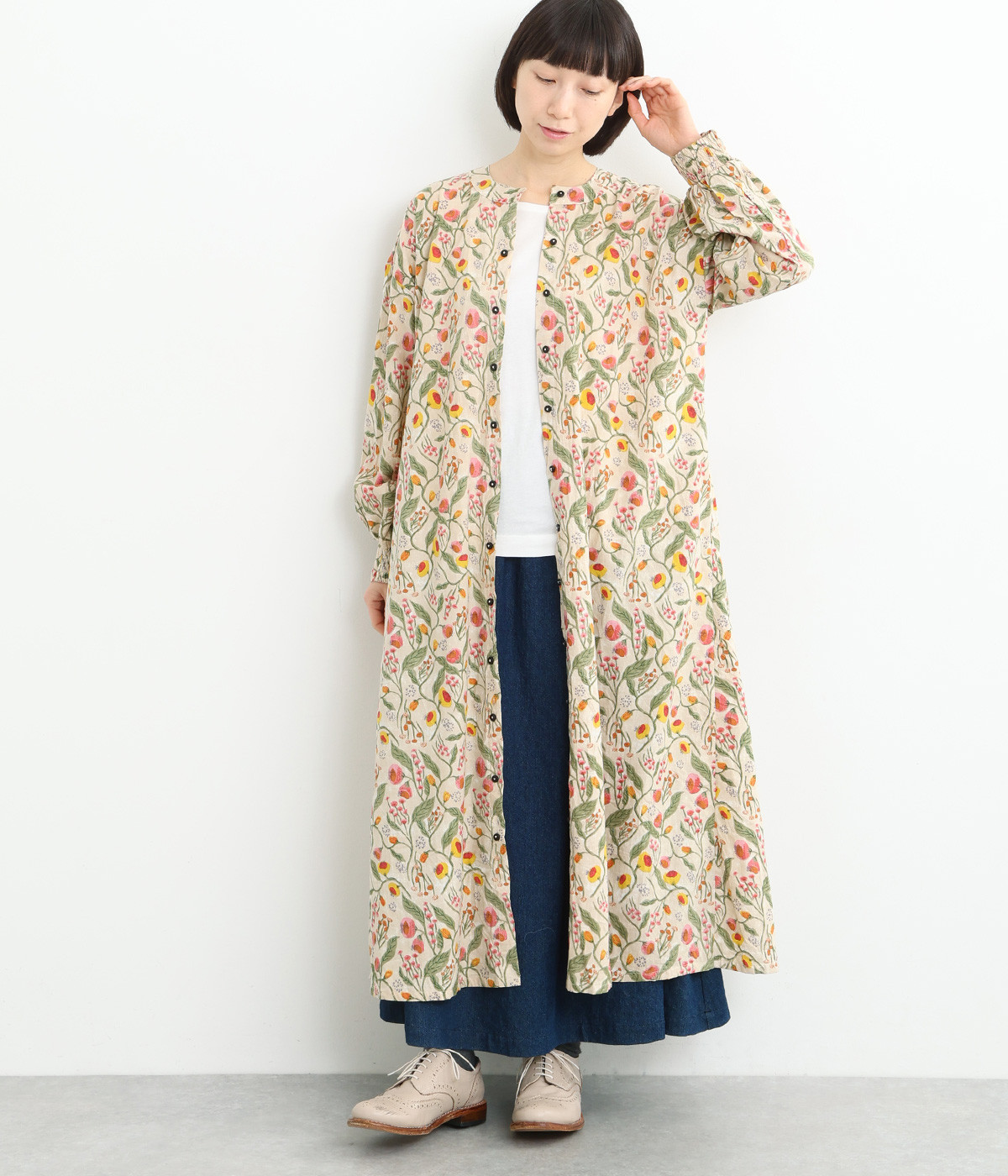 コットンボタニカルフラワープリント2wayヘンリーワンピース(ベージュ-ONESIZE)