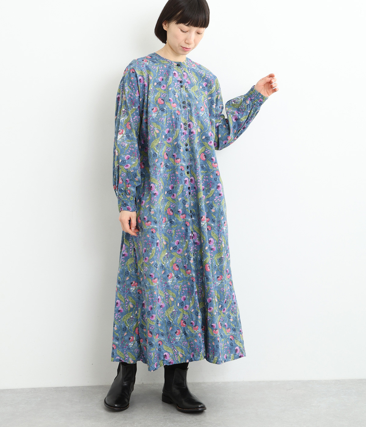 コットンボタニカルフラワープリント2wayヘンリーワンピース(ブルー-ONESIZE)