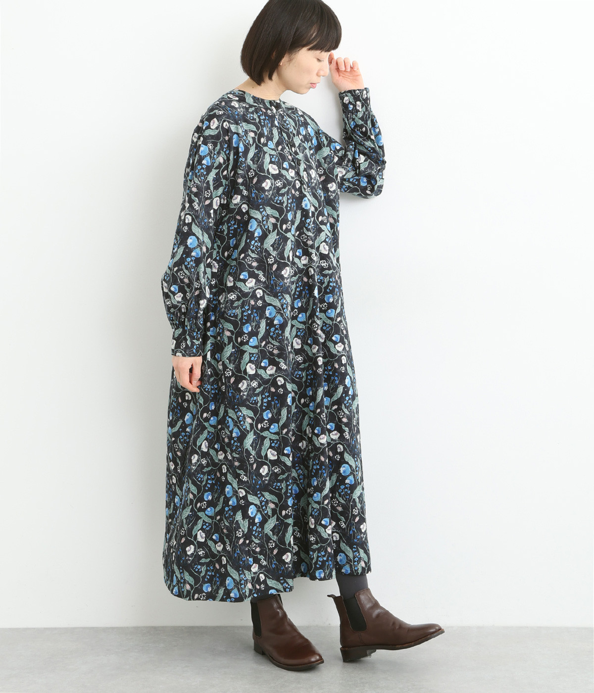 コットンボタニカルフラワープリント2wayヘンリーワンピース(ブラック-ONESIZE)