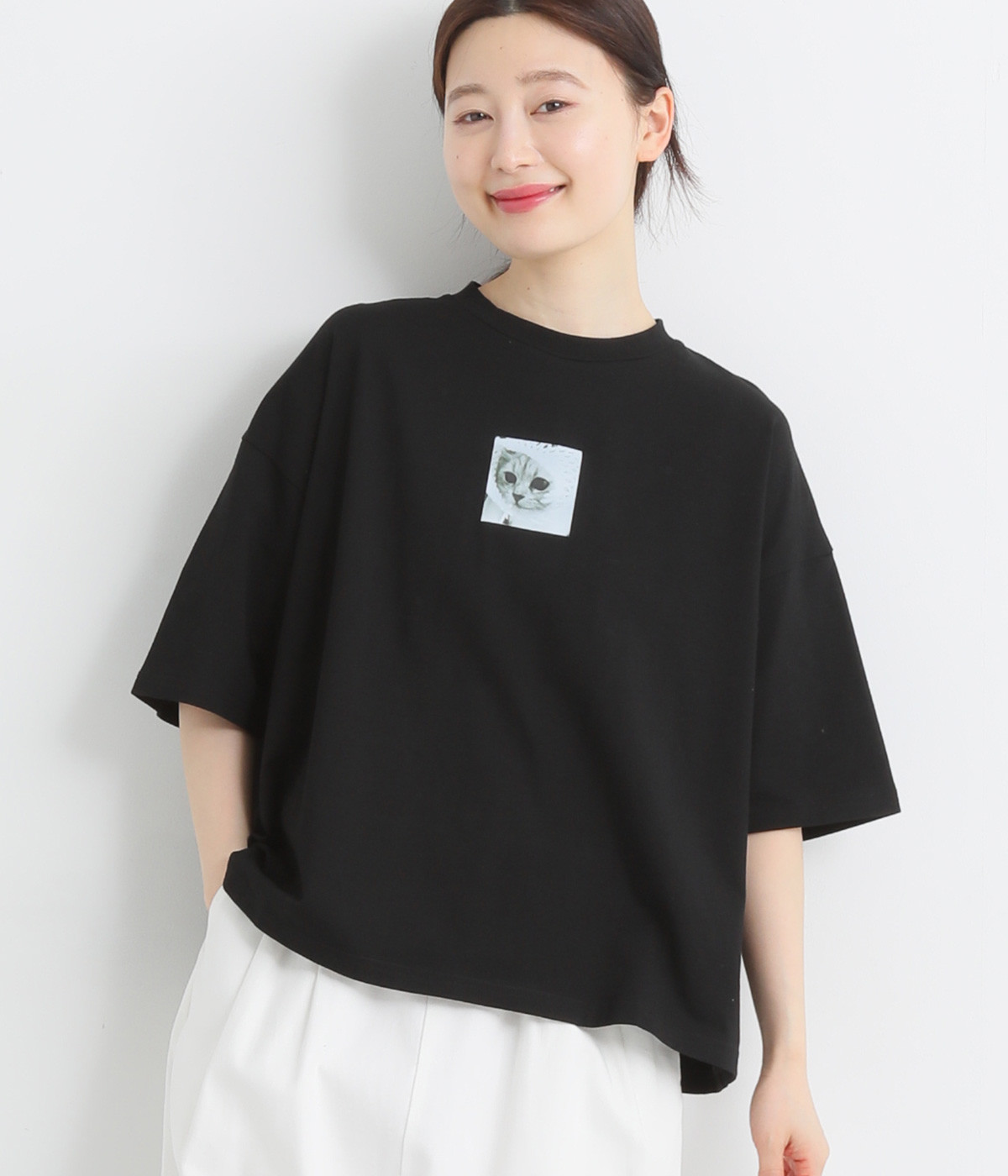 ネコプリントTシャツ(ブラック-ONESIZE)